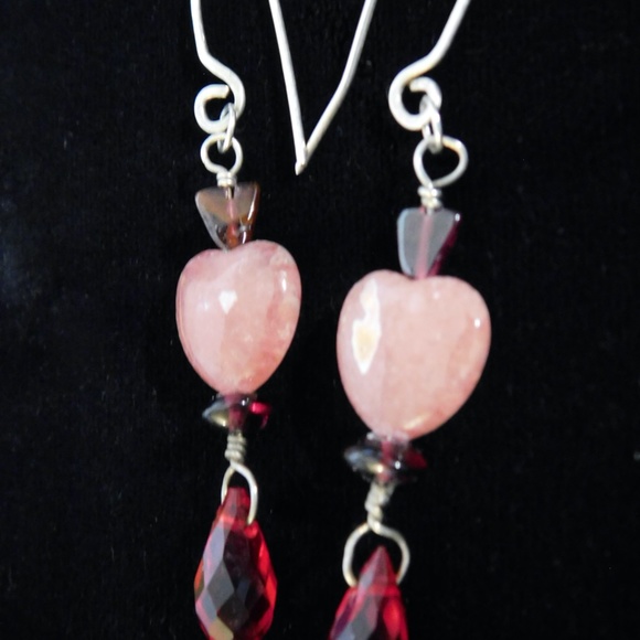 Rhodochrosite Hearts Garnet Gemstone Swarovski® Crystal Earrings by Konnie K - Picture 3 of 8